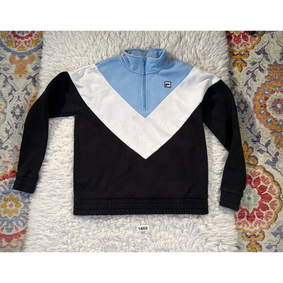 Fila Women Sweatshirt Large Chevron ¼ Zip Long Sleeve Blue Black White - Picture 2 of 7
